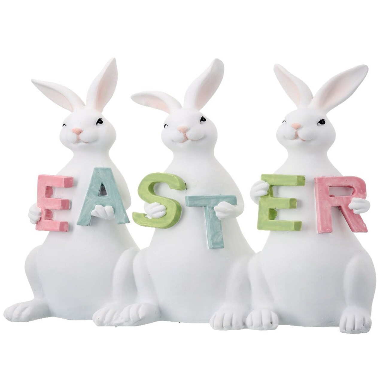 8" Easter Bunny Trio Figurine – Pastel Letter Holding Rabbits Spring Decoration